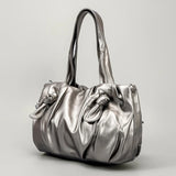 Metallic Gray Laser Leather Pattern Drawstring Bag Crossbody Shoulder Bag