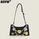 Chain Pearls Flowers PU Leather Handbag Vacation Shoulder Underarm Bags