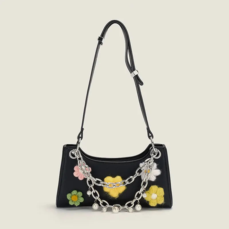 Chain Pearls Flowers PU Leather Handbag Vacation Shoulder Underarm Bags