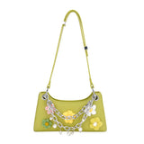Chain Pearls Flowers PU Leather Handbag Vacation Shoulder Underarm Bags