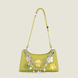 Chain Pearls Flowers PU Leather Handbag Vacation Shoulder Underarm Bags