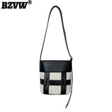 Leather Patchwork Canvas Women's Crossbody Bucket Bag