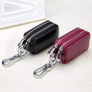 Cow Leather Home Car Keys' Bag Double Pocket Zipper Mini Wallet