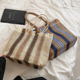 Stripes Straw Woven Shoulder Bag Summer Beach Travel Women Totes