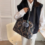 Quilted Crossbody Bag with Pompom Pendant & Large Capacity