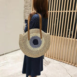 Women Woven Bag Round Beach Shoulder Bag Straw Crossbody Handbag Tote Bag