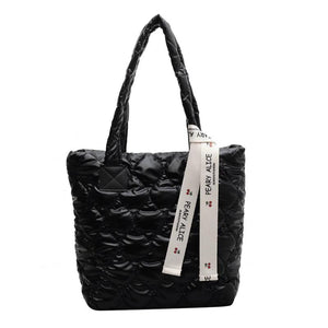 Cotton Padded Tote Bag with Ribbon - Large Capacity Women's Handbag
