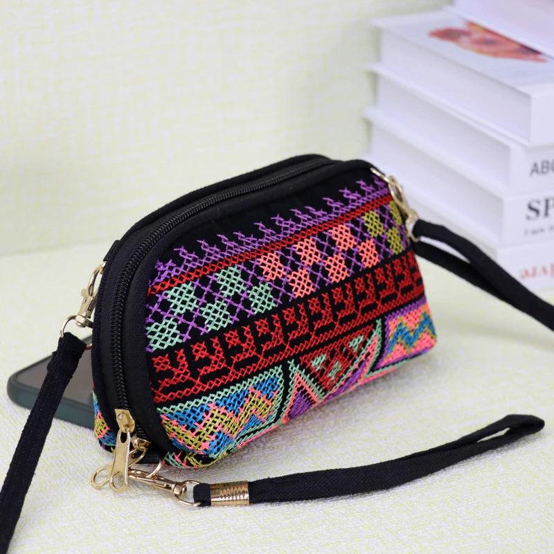 Vintage Geometric Embroidered Shoulder Bag Travel Pouch