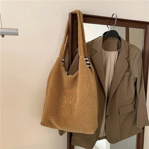Large Capacity Soft Canvas Tote Ladies Handbags Plush Shoulder for Women