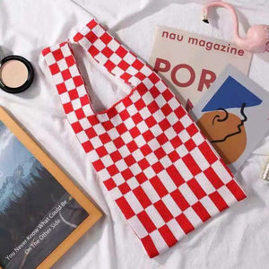 Women's Knitted Shoulder Tote Bag Plaid Striped Underarm Bag