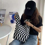 Women's Knitted Shoulder Tote Bag Plaid Striped Underarm Bag