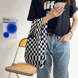 Women's Knitted Shoulder Tote Bag Plaid Striped Underarm Bag