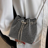 Rhinestone Shoulder Bag Drawstring Bucket Handbag