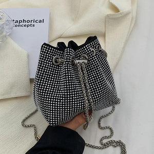 Rhinestone Shoulder Bag Drawstring Bucket Handbag