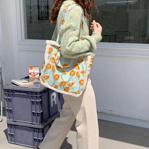 Vintage Floral Lamb Wool Handbag Large Capacity Tote Bags