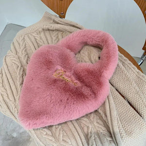 Heart Shape Women Soft Plush Hand Bag Faux Fur Tote Bags