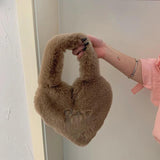 Heart Shape Women Soft Plush Hand Bag Faux Fur Tote Bags