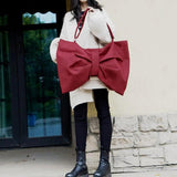 Vintage Canvas Shoulder Bag Large Capacity Zipper Messenger Tote with Bowknot