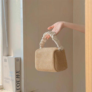 Summer Contrast Straw Bag Small Square Bag Pleated Handle Totes