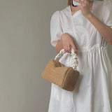 Summer Contrast Straw Bag Small Square Bag Pleated Handle Totes