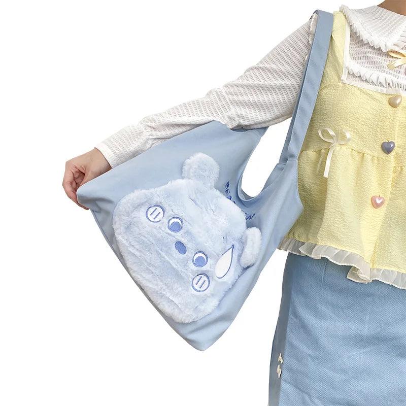 Cotton Canvas Tote Shoulder Bag Plush Bear Handbag Girl's Bookbag Shopping Bags