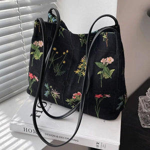 Vintage Flowering Pattern Shoulder Bag Female Cotton Linen Tote
