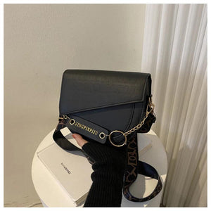 Women's Contrast Saddle Shoulder Bag Chain Strap Wide Strap Bag