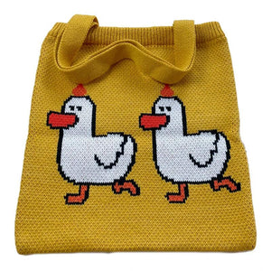 Women Knitting Shoulder Bags Duck Cartoon Handbag Casual Tote Literary BookBag
