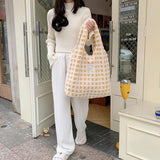 Waffle Plaid Shoulder Bag Large Capacity Tote Crossbody Soft Plush Shopping Bags