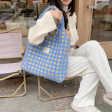 Waffle Plaid Shoulder Bag Large Capacity Tote Crossbody Soft Plush Shopping Bags