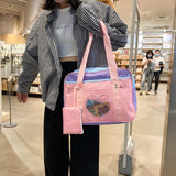 Women Shoulder Handbags Transparent Love Heart Patchwork Canvas Tote