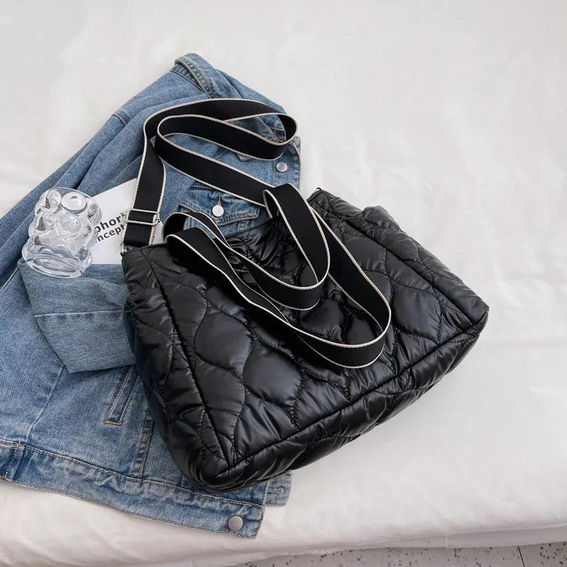 Winter Ladies Handbag Down Quilted Tote Bag Wide Straps Female Shoulder Bag