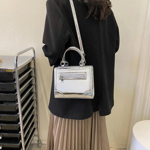 Silver Leather Shoulder Bag Small Square Crossbody Totes