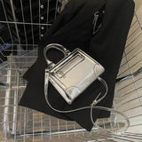 Silver Leather Shoulder Bag Small Square Crossbody Totes