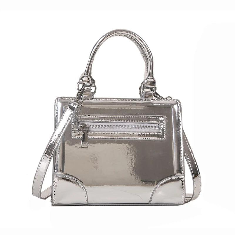 Silver Leather Shoulder Bag Small Square Crossbody Totes