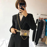 Snake Print Pu Leather Fanny Pack Woman Chain Buckles Square