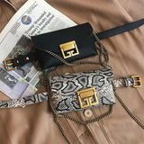 Snake Print Pu Leather Fanny Pack Woman Chain Buckles Square