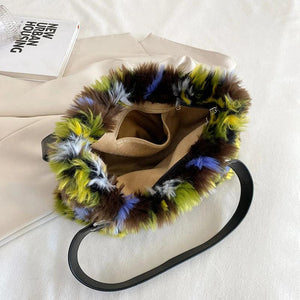 Colorful Plush Handbag Women Vintage Faux Fur Tote Bag High Capacity Shoulder Ba