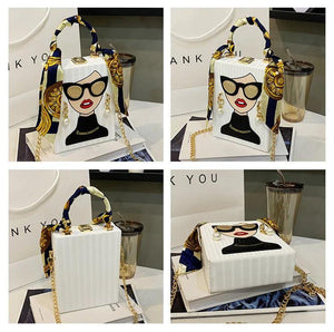 Lady Face Box Shaped Party Clutch Chain Shoulder Bag