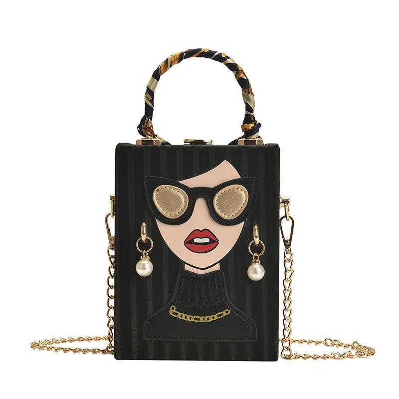 Lady Face Box Shaped Party Clutch Chain Shoulder Bag