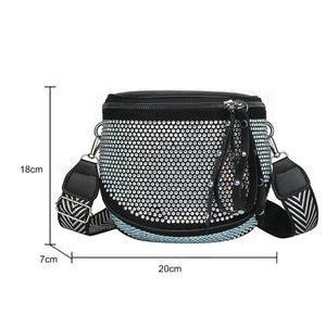 Women Leather Rhinestone Shoulder Bag with Wide Strap