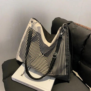 Striped Shoulder Bags Women Casual Tote Nylon Handbags Large Capacity