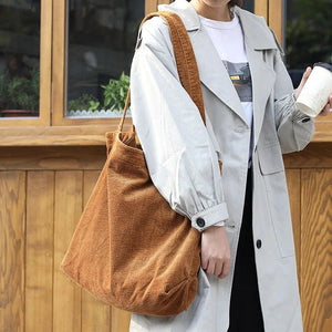 Corduroy Tote Shoulder Bag Retro Casual Solid Color Handbag