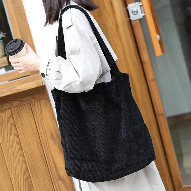 Corduroy Tote Shoulder Bag Retro Casual Solid Color Handbag