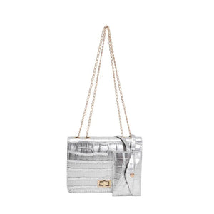 Stone Pattern Leather Shoulder Bag Chain Square Crossbody