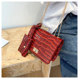 Stone Pattern Leather Shoulder Bag Chain Square Crossbody