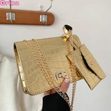 Stone Pattern Leather Shoulder Bag Chain Square Crossbody