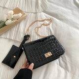 Stone Pattern Leather Shoulder Bag Chain Square Crossbody