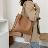 Women Bucket Shoulder Bags Solid Handbags Retro Large Capacity Tote Bags
