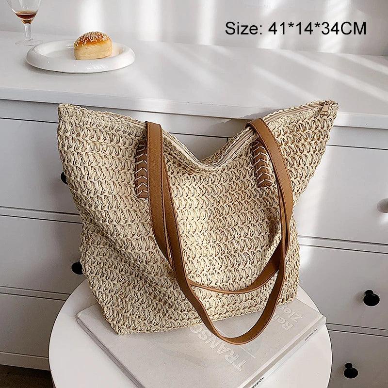 Summer Women Straw Handbag Zipper Straw Beach Tote Bag